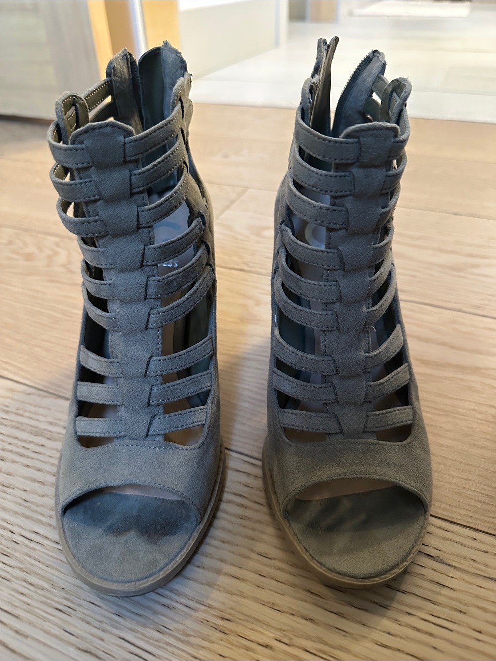 Women's Greenish-Gray Suede Cage Heels - Open Toe Ankle Booties